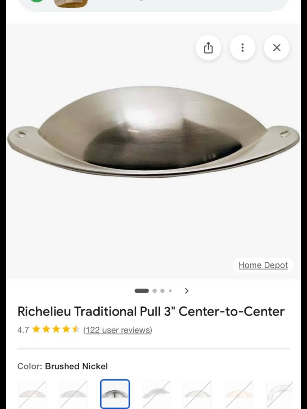 Richelieu Brushed Nickel Cup Pull - 3" Center-to-Center